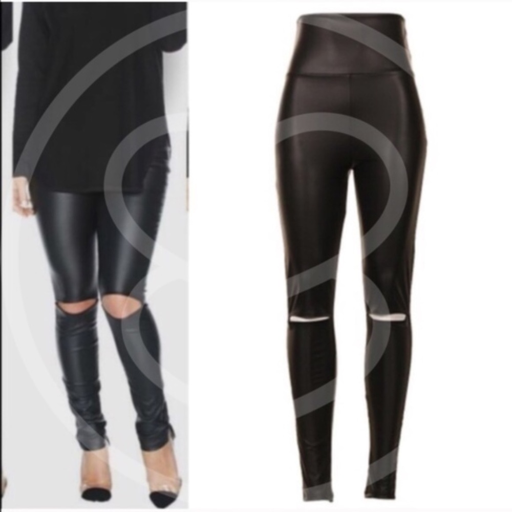 01 Black Cut out knee Fitted Sexy Vegan leather leggings - Picture 5 of 5